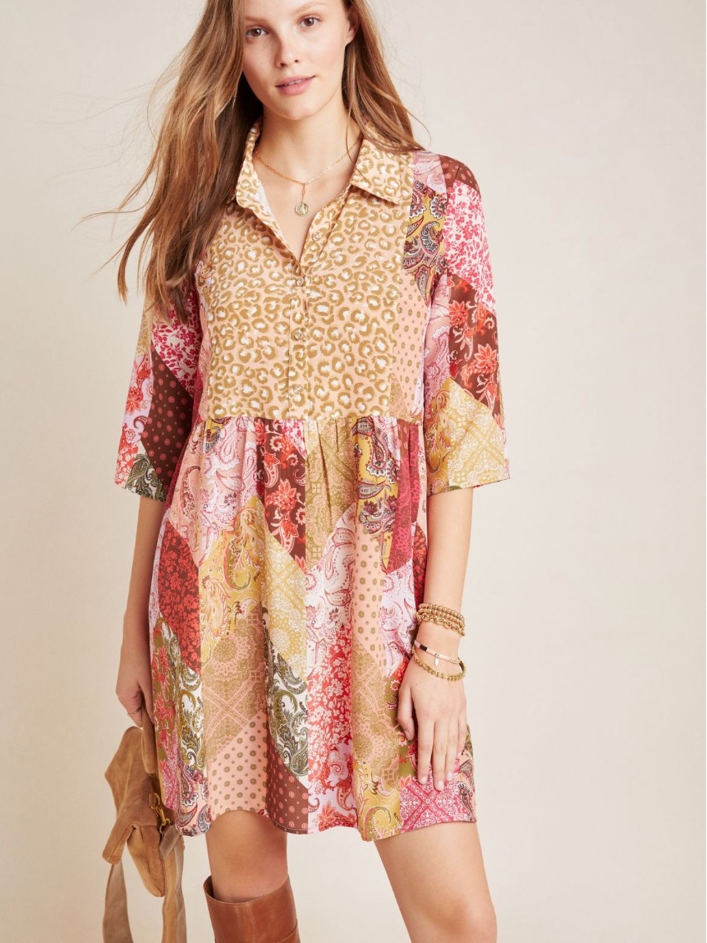 NWT Anthropologie x Kachel Benedetta Silk Tunic Dress Patchwork Size 8